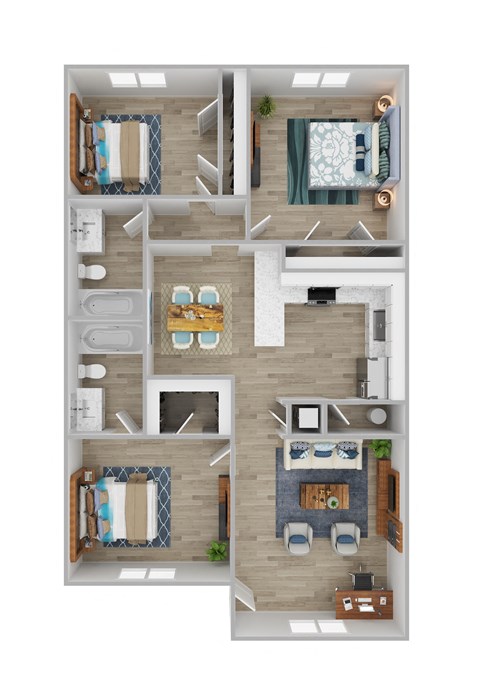 Floor plan for 3 beds, 2 baths, 1028 sqft